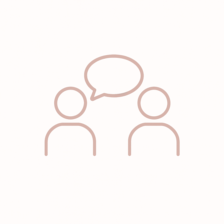 Zwei stilisierte Figuren im Gespräch mit einer Sprechblase über ihnen.